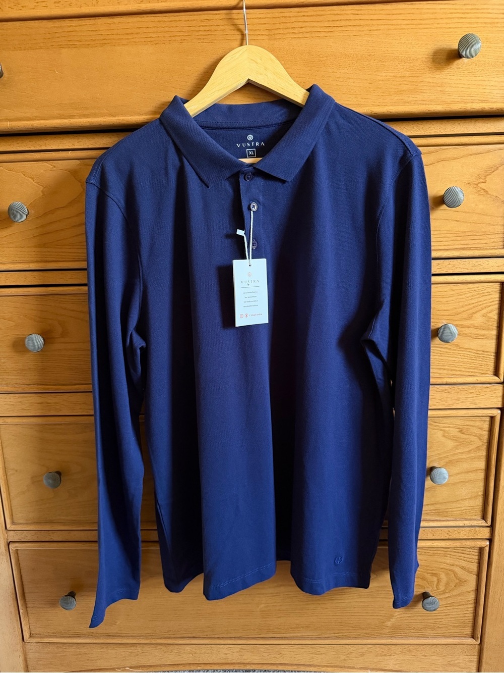 NEW Vustra Polo Shirt Mens X-Large Navy Blue Long Sleeve Organic Cotton Eco